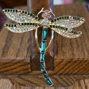 Elegant Gold and Green Dragonfly Brooch